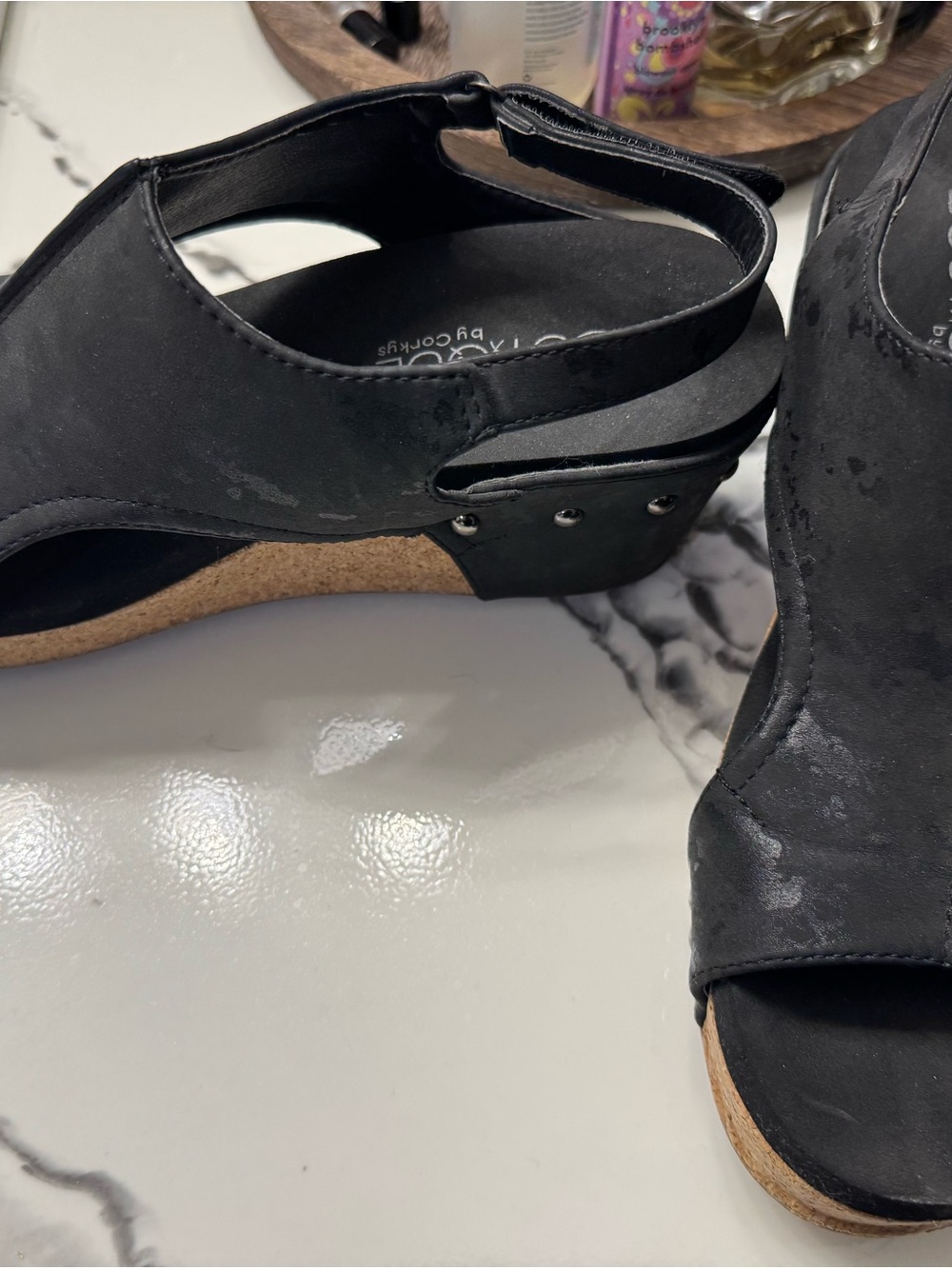 Boutique 9 Black Cork Wedge Slingback Sandals